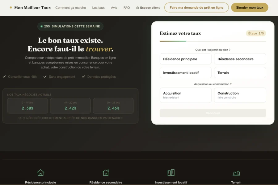 Formulaire en ligne permettant d'effectuer une simulation de taux financier sur fond sombre.