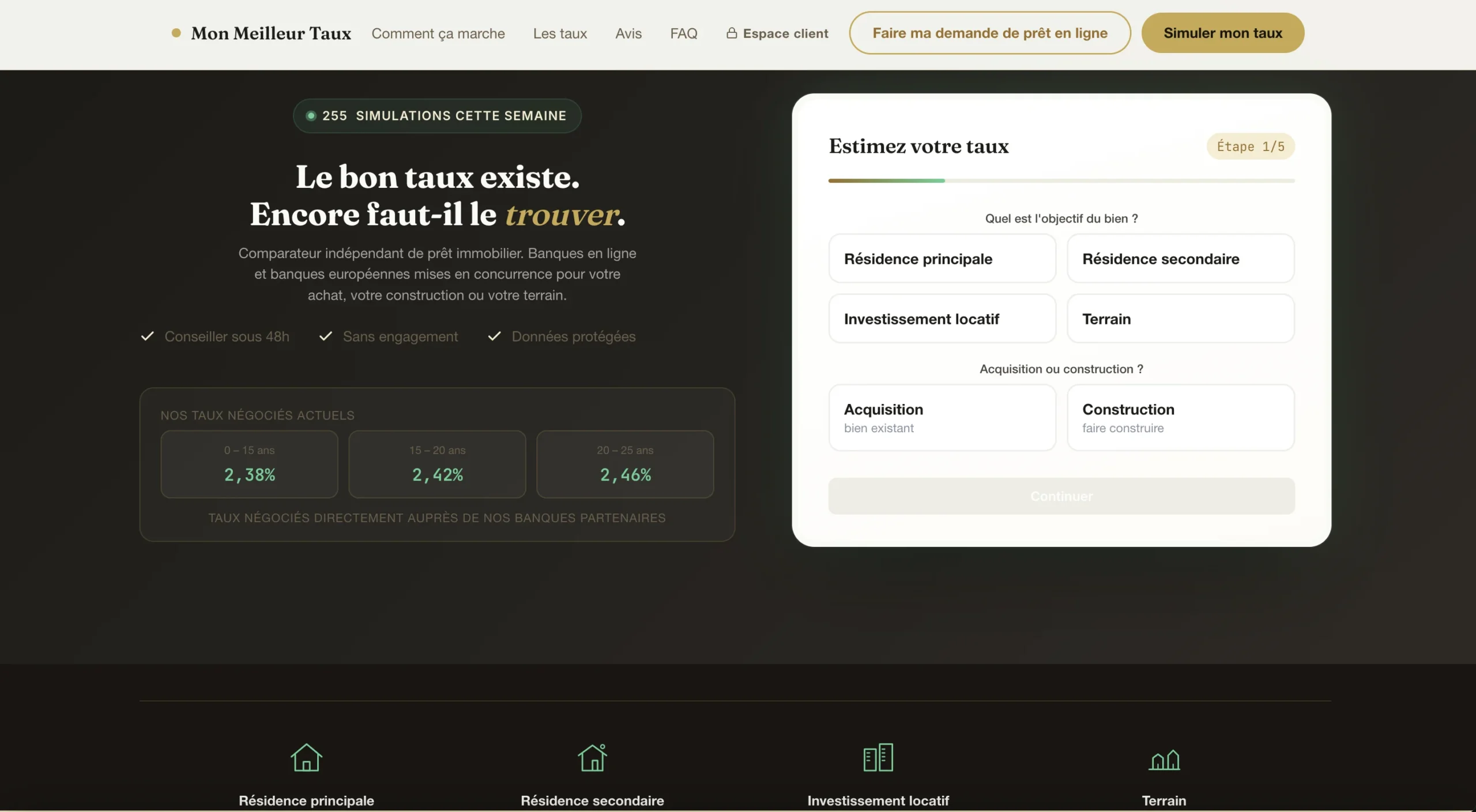 Formulaire en ligne permettant d'effectuer une simulation de taux financier sur fond sombre.