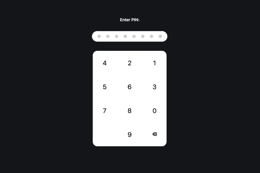 Capture d'un clavier numérique affichant les chiffres de 0 a 9 pour la saisie d'un code PIN sur fond noir.