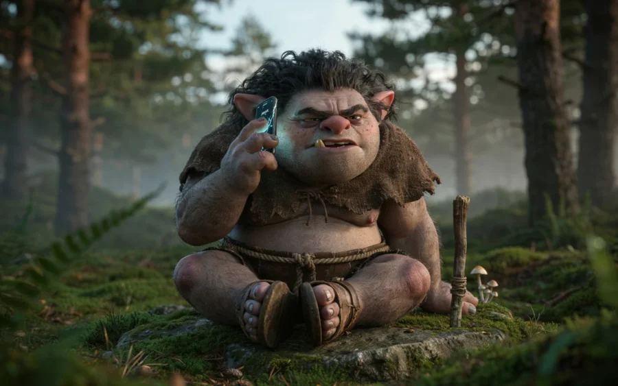 Un gnome rusé et expressif assis dans un environnement forestier, tenant un objet en main, avec un bâton à ses côtés.