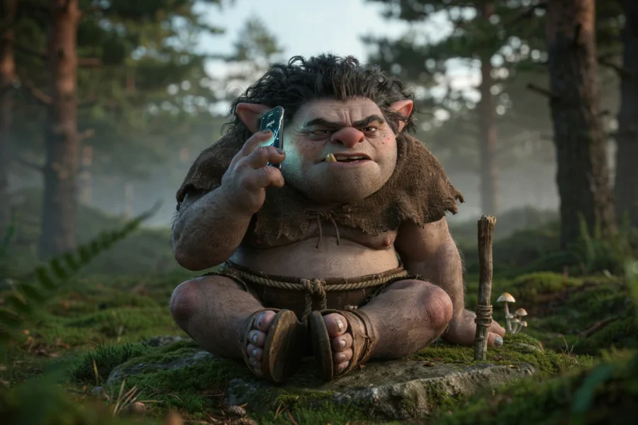 Un gnome rusé et expressif assis dans un environnement forestier, tenant un objet en main, avec un bâton à ses côtés.