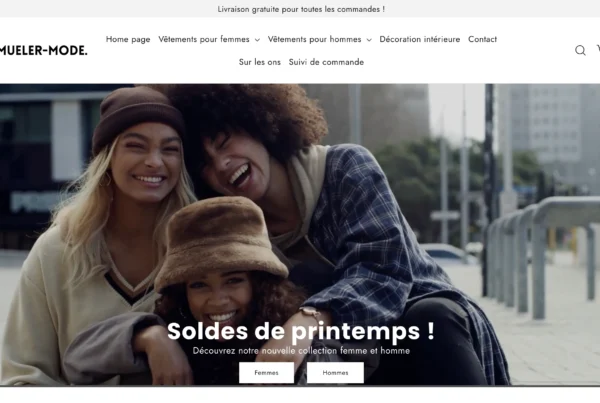 Interface web de Muller Mode affichant une bannière de soldes de printemps avec trois personnes souriantes.