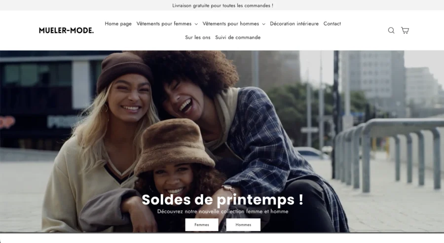 Interface web de Muller Mode affichant une bannière de soldes de printemps avec trois personnes souriantes.