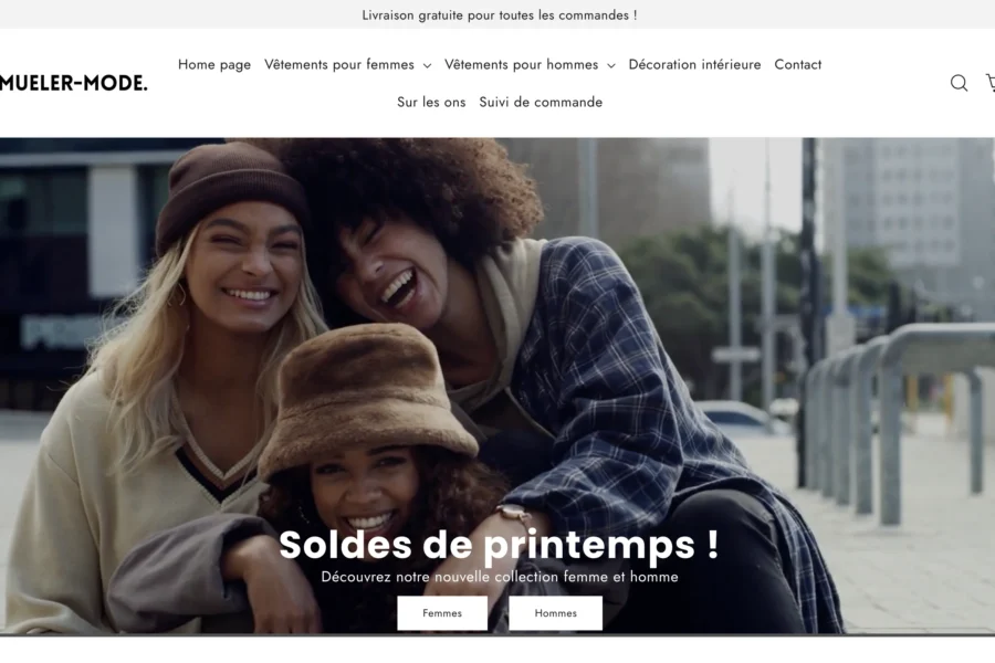 Interface web de Muller Mode affichant une bannière de soldes de printemps avec trois personnes souriantes.