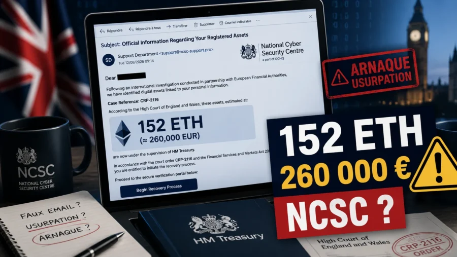 Illustration de l'arnaque ncsc-support.pro promettant la récupération de 152 ETH