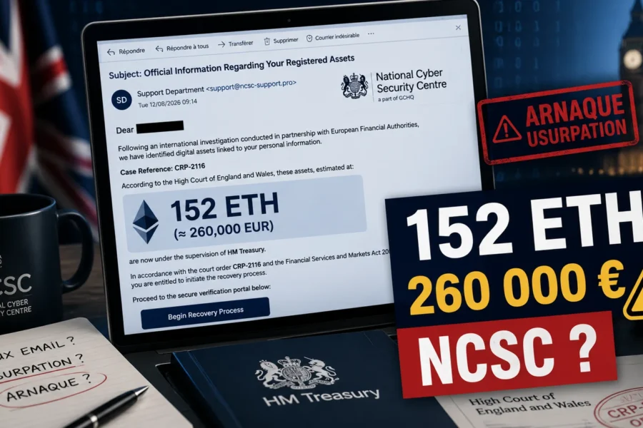 Illustration de l'arnaque ncsc-support.pro promettant la récupération de 152 ETH