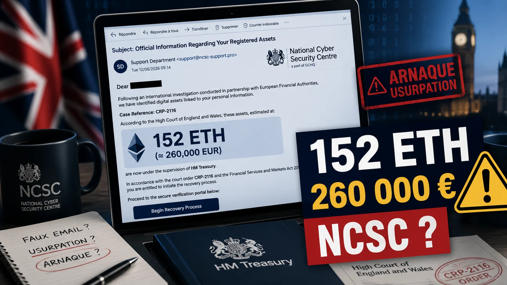 Illustration de l'arnaque ncsc-support.pro promettant la récupération de 152 ETH