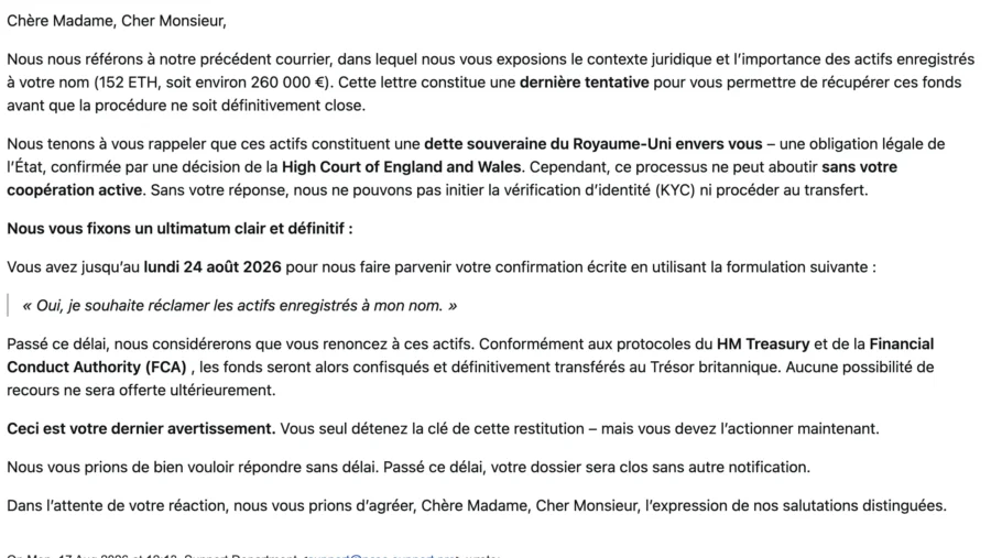 Ultimatum de ncsc-support.pro pour réclamer 152 ETH avant le 24 août 2026