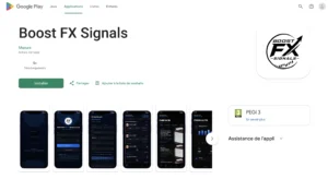 L'interface de téléchargement de l'application Boost FX Signals sur la boutique Google Play, avec aperçus d'écrans mobiles.