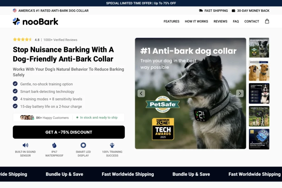 Page web d'un collier anti-aboiement NooBark avec une image d'un chien bleu merle portant l'appareil