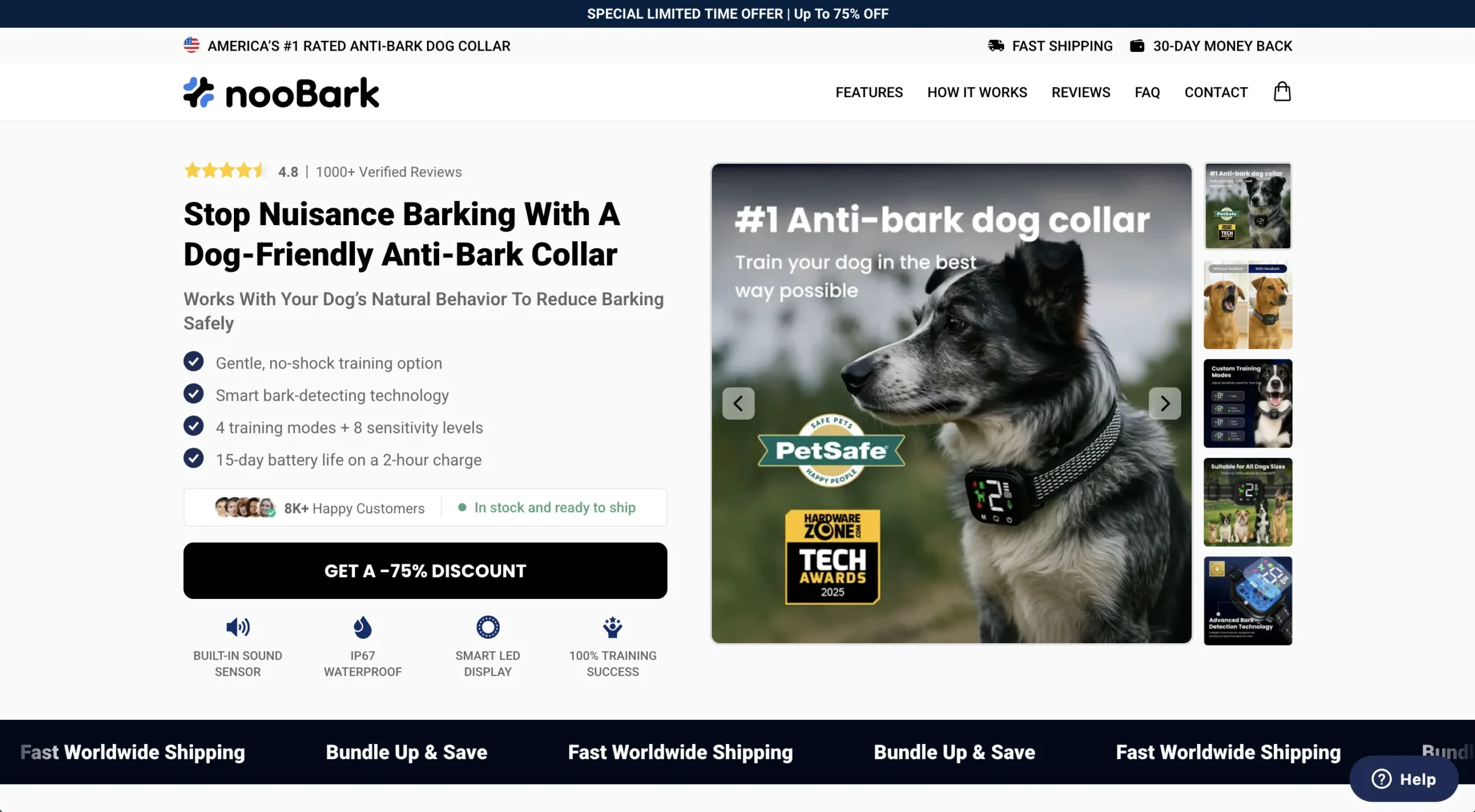 Page web d'un collier anti-aboiement NooBark avec une image d'un chien bleu merle portant l'appareil