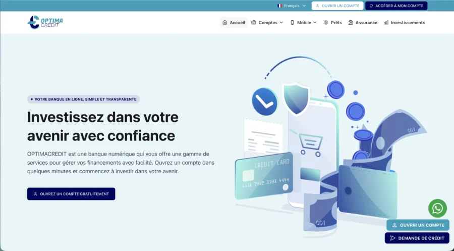 Page d'accueil du site OptimaCredit avec le slogan Investissez dans votre avenir avec confiance.
