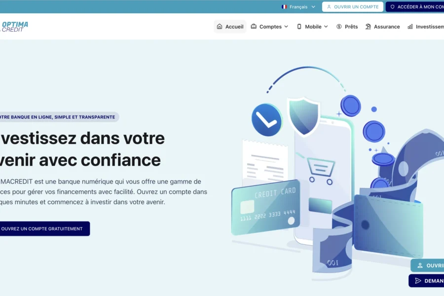 Page d'accueil du site OptimaCredit avec le slogan Investissez dans votre avenir avec confiance.
