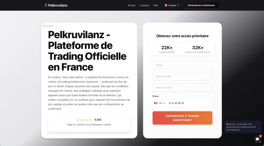 Capture d'écran présentant Pelkruvilanz comme plateforme de trading officielle avec formulaire d'accès et statistiques utilisateurs.