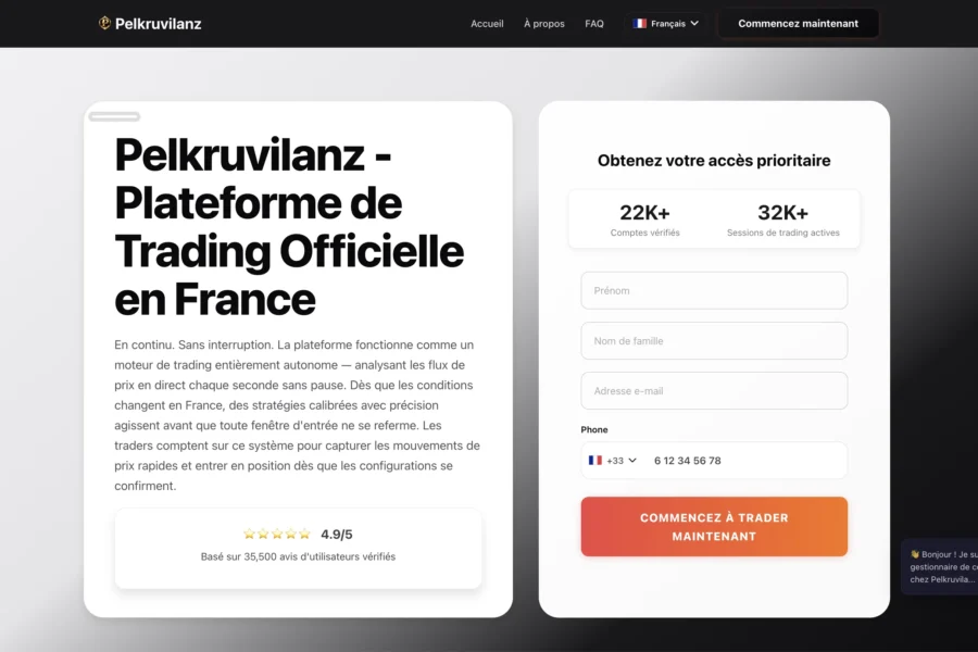 Capture d'écran présentant Pelkruvilanz comme plateforme de trading officielle avec formulaire d'accès et statistiques utilisateurs.
