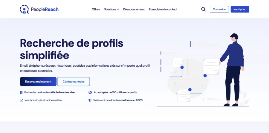 Interface du site PeopleReach proposant une recherche de profils humains avec une illustration de connexion.