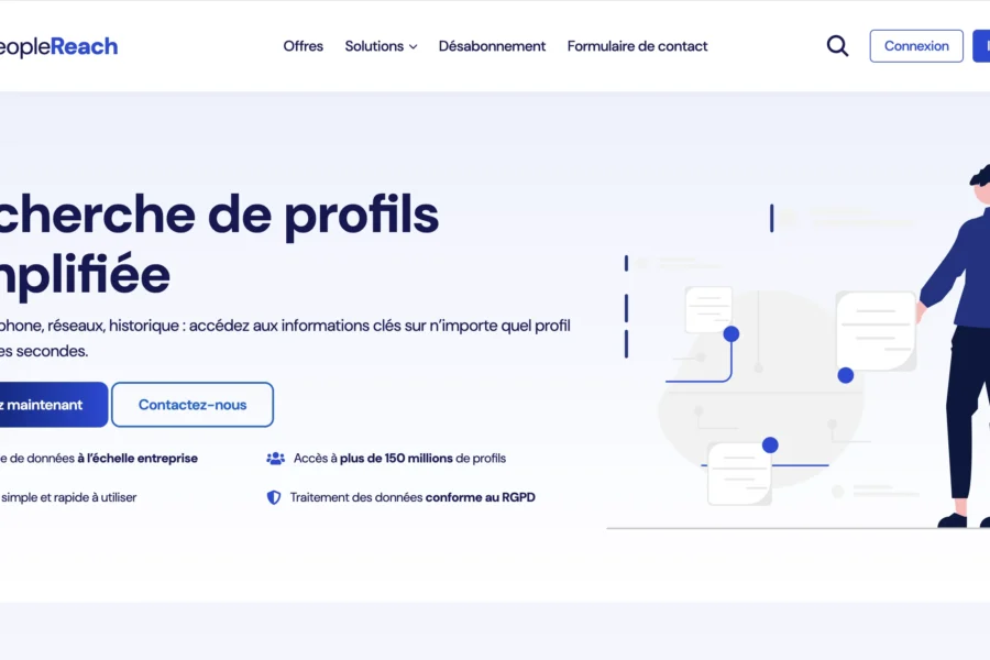 Interface du site PeopleReach proposant une recherche de profils humains avec une illustration de connexion.