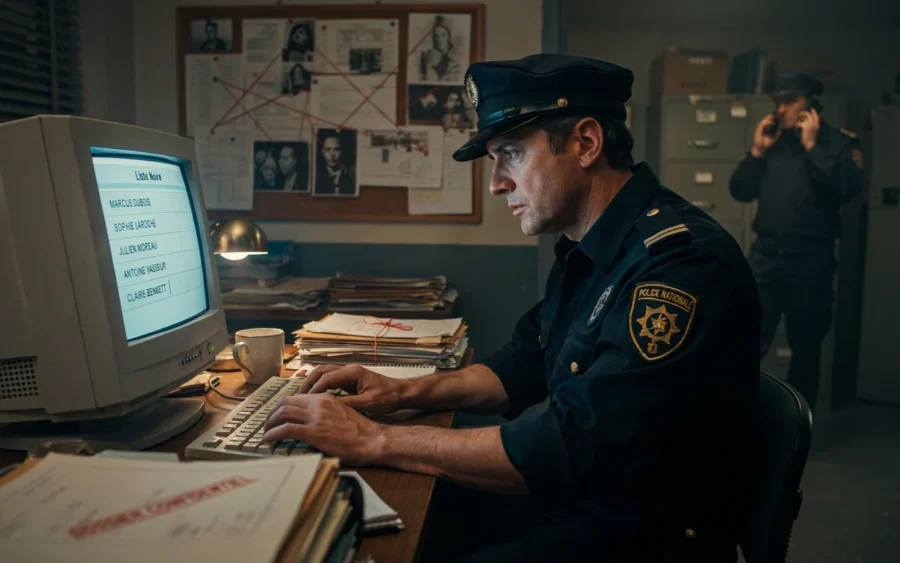 Un policier en uniforme examine attentivement un écran d’ordinateur rétro dans un bureau chargé de dossiers, tandis qu’un autre agent converse au téléphone en arrière-plan, devant un tableau de liens criminels.