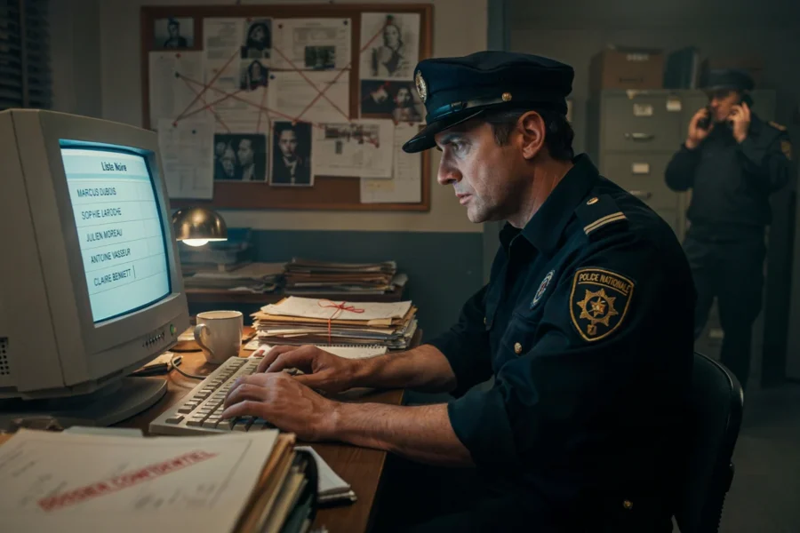 Un policier en uniforme examine attentivement un écran d’ordinateur rétro dans un bureau chargé de dossiers, tandis qu’un autre agent converse au téléphone en arrière-plan, devant un tableau de liens criminels.