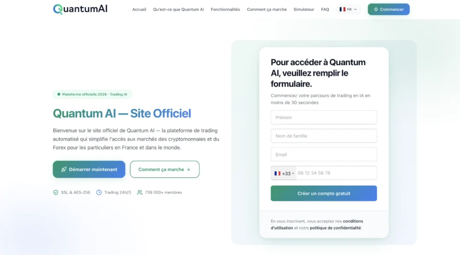 Interface web de la plateforme de trading Quantum AI avec un formulaire de connexion visible à droite.