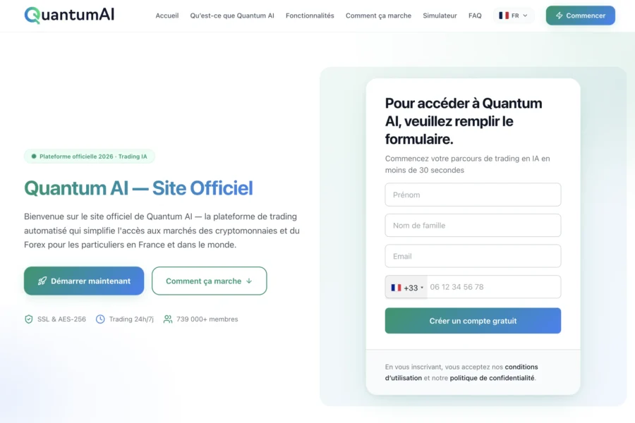 Interface web de la plateforme de trading Quantum AI avec un formulaire de connexion visible à droite.