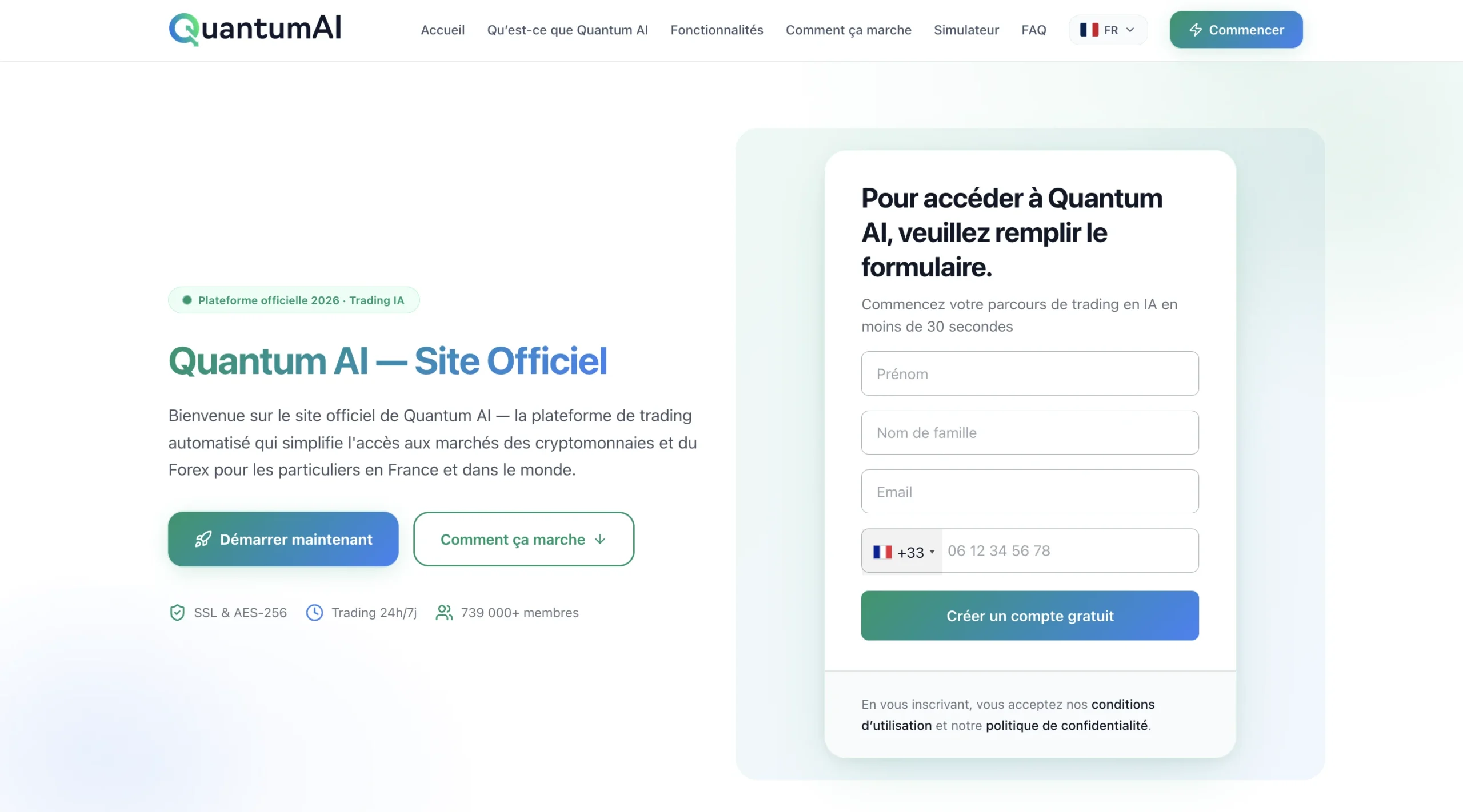 Interface web de la plateforme de trading Quantum AI avec un formulaire de connexion visible à droite.