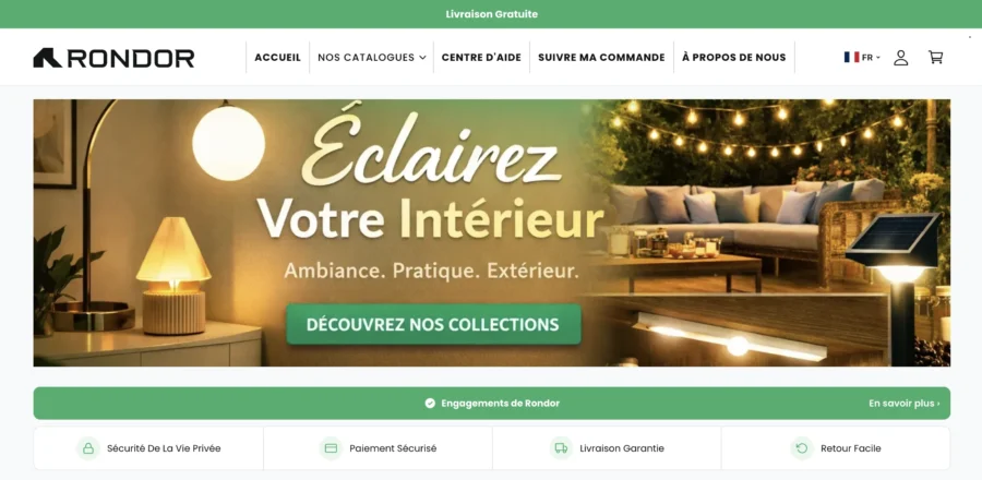 Bannière promotionnelle Rondor affichant des lampes d'ambiance intérieures et extérieures sous le slogan Éclairez Votre Intérieur.