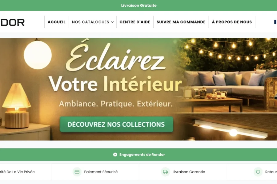 Bannière promotionnelle Rondor affichant des lampes d'ambiance intérieures et extérieures sous le slogan Éclairez Votre Intérieur.