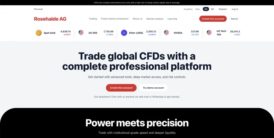 Prise de vue de la page d'accueil de la plateforme de trading Rosehaide AD affichant le slogan Trade global CFDs.