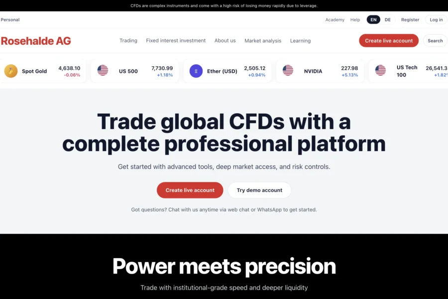 Prise de vue de la page d'accueil de la plateforme de trading Rosehaide AD affichant le slogan Trade global CFDs.