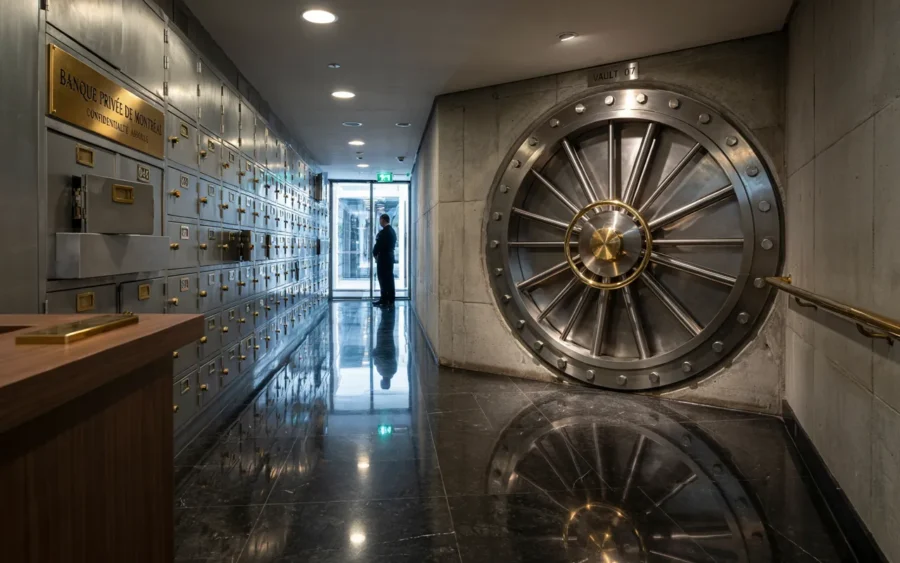 Intérieur d'une banque avec une grande porte de coffre-fort rond et des cases.