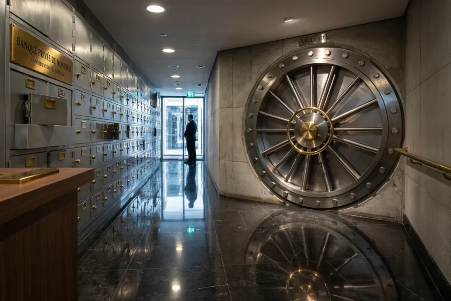 Intérieur d'une banque avec une grande porte de coffre-fort rond et des cases.