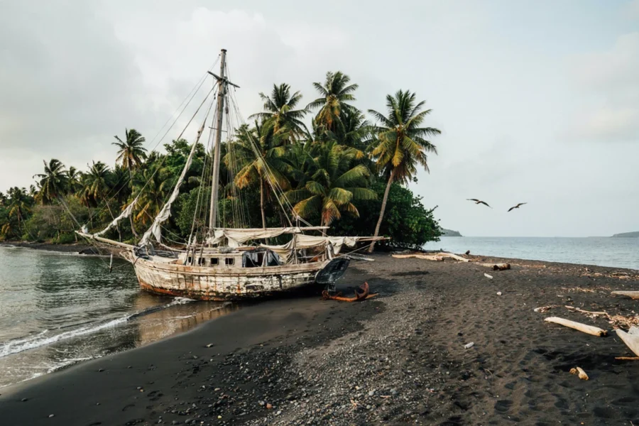 Un vieux navire amarré sur une plage sombre avec des palmiers en arrière-plan