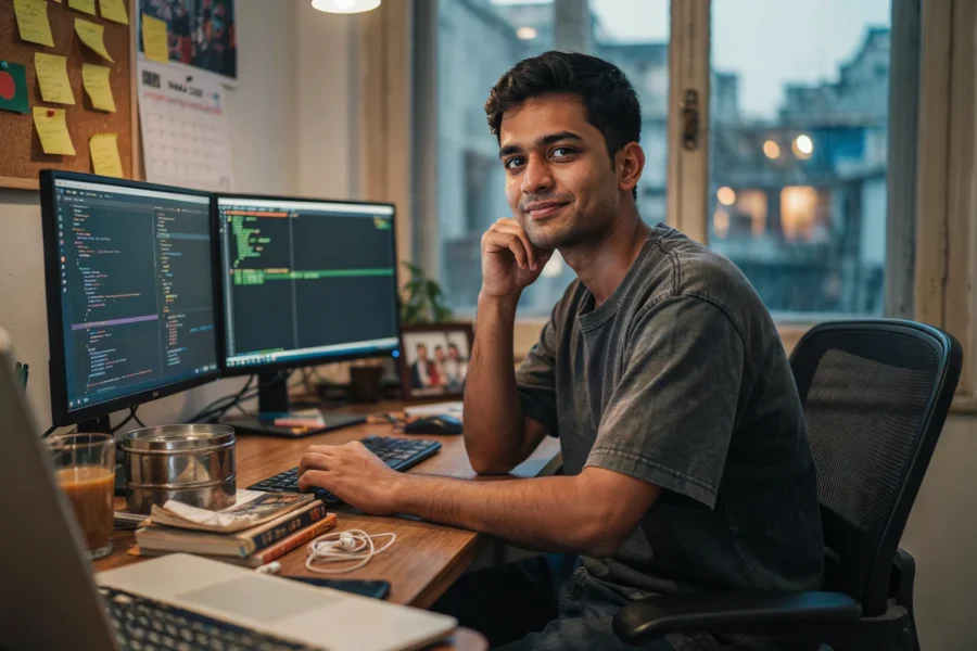 Un développeur examine des lignes de code sur deux écrans. Cet environnement de travail technique illustre l'analyse des mécanismes d'arnaque financière.