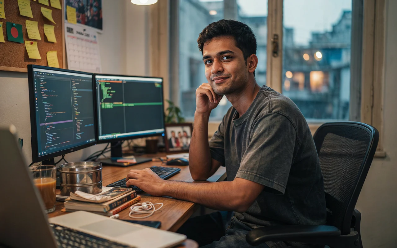 Un développeur examine des lignes de code sur deux écrans. Cet environnement de travail technique illustre l'analyse des mécanismes d'arnaque financière.