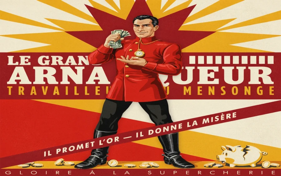 Illustration représentant un homme en costume rouge tenant argent et médaille, devant un fond aux rayons jaunes et rouges