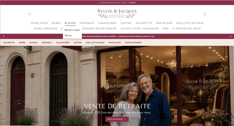 Capture du site Sylvie & Jacques affichant une photo du couple devant une boutique et un message de mise en vente.