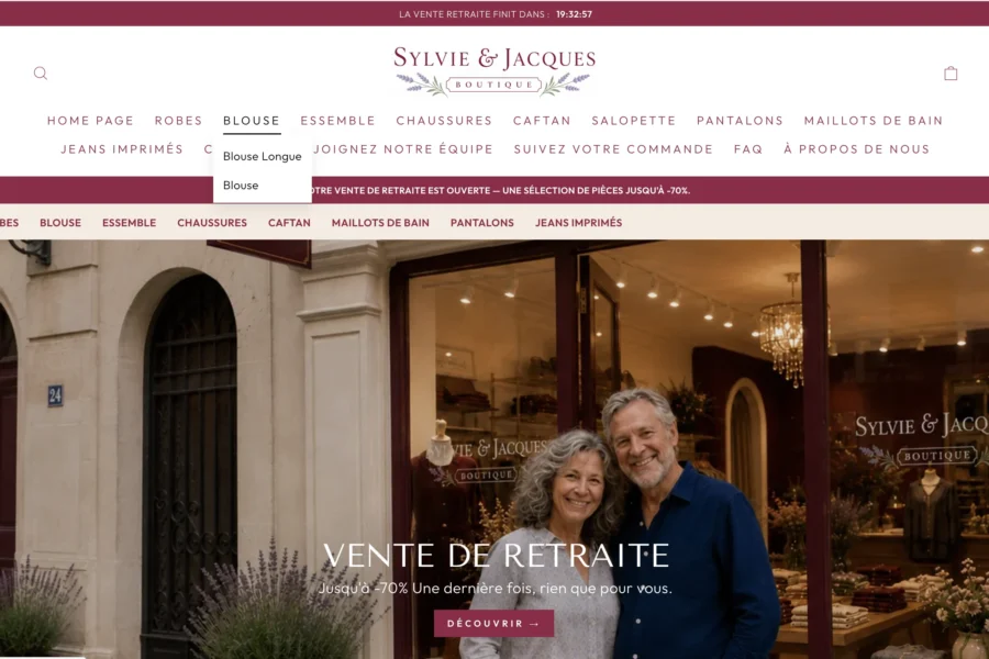 Capture du site Sylvie & Jacques affichant une photo du couple devant une boutique et un message de mise en vente.