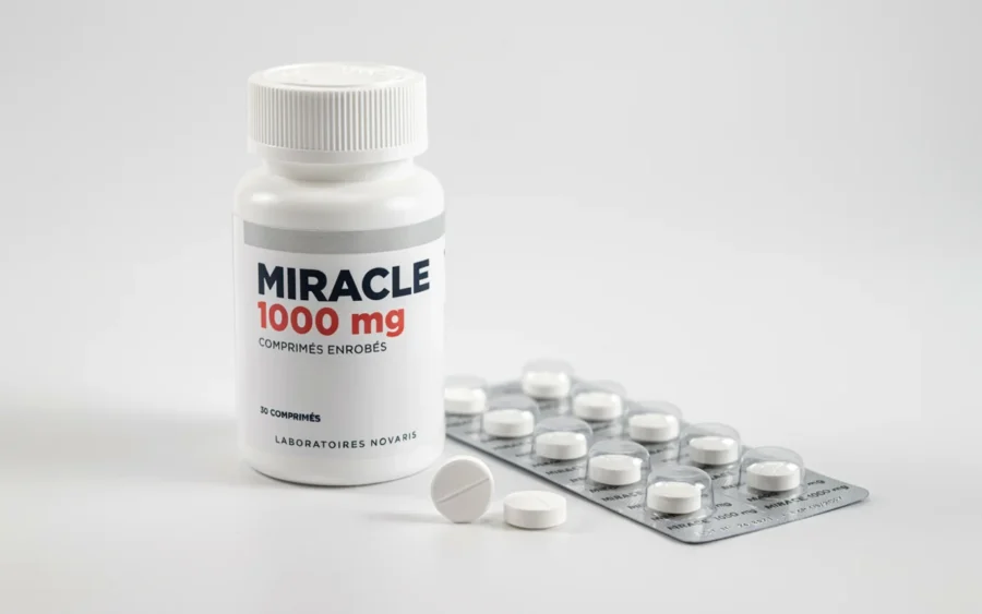 Bocal blanc étiqueté Miracle 1000 mg posé à côté de comprimés blancs et d'une plaquette. Le flacon indique une production en laboratoire boulard.