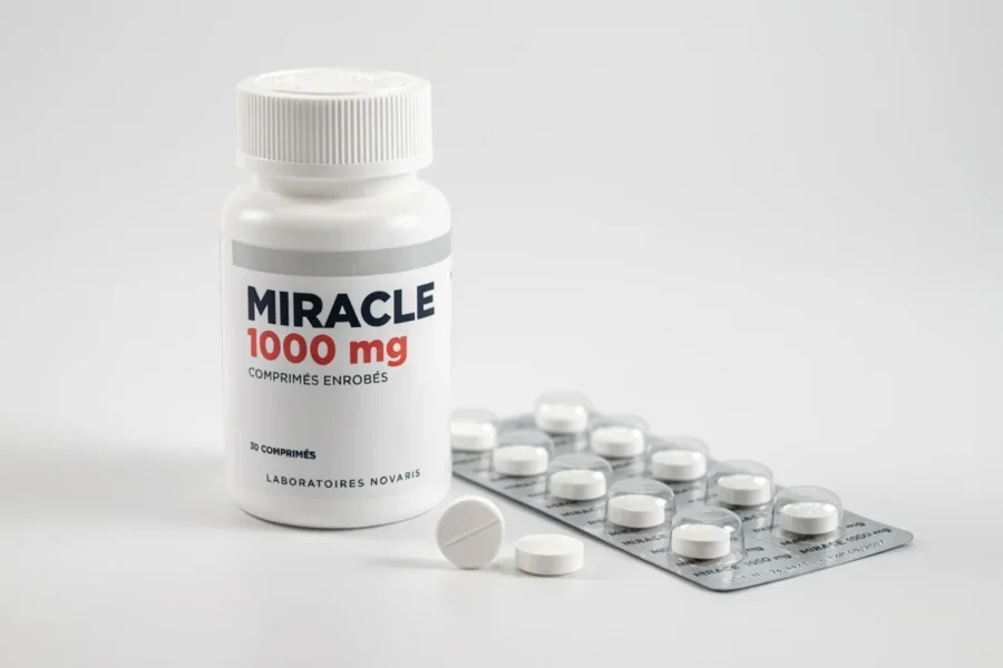 Bocal blanc étiqueté Miracle 1000 mg posé à côté de comprimés blancs et d'une plaquette. Le flacon indique une production en laboratoire boulard.