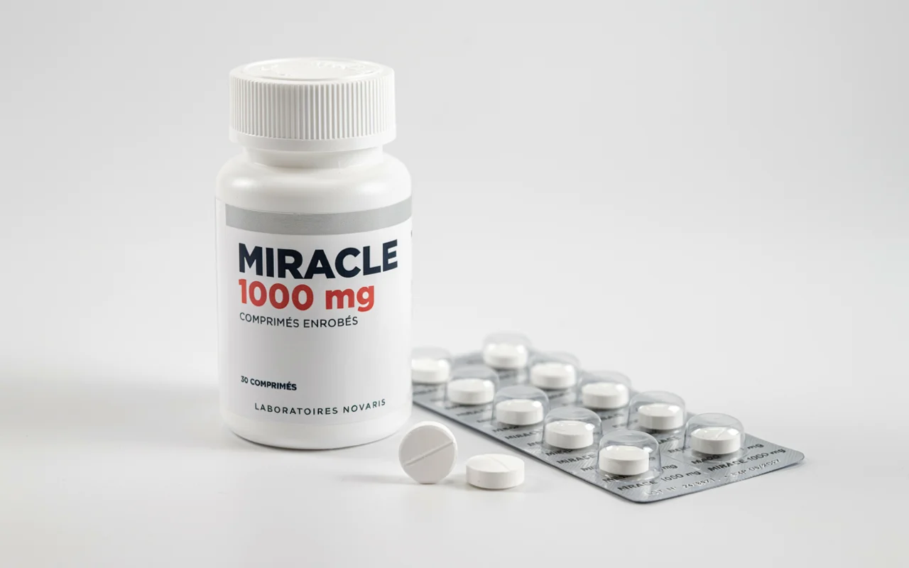 Bocal blanc étiqueté Miracle 1000 mg posé à côté de comprimés blancs et d'une plaquette. Le flacon indique une production en laboratoire boulard.