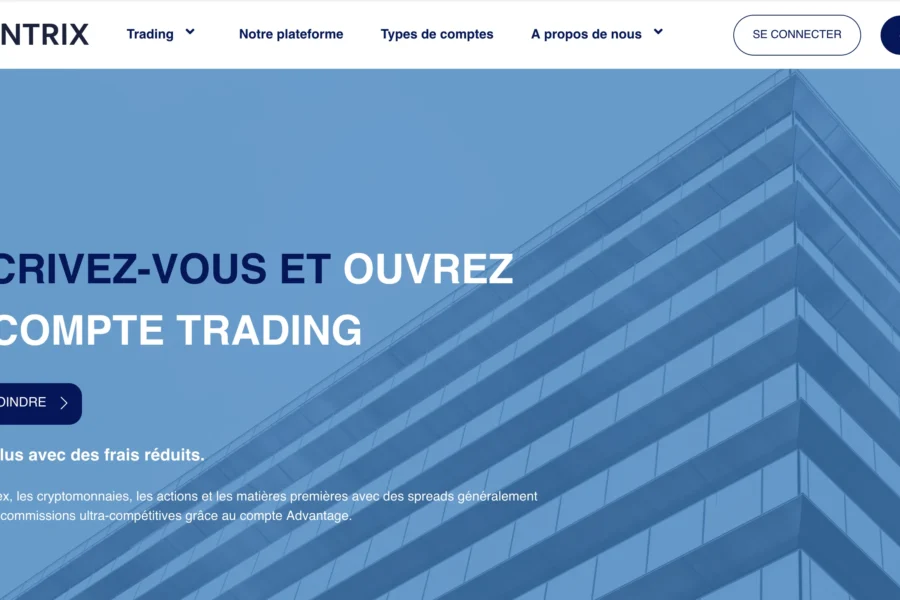 Capture d'écran du site Syntrix incitant à ouvrir un compte trading avec une image de gratte-ciel.