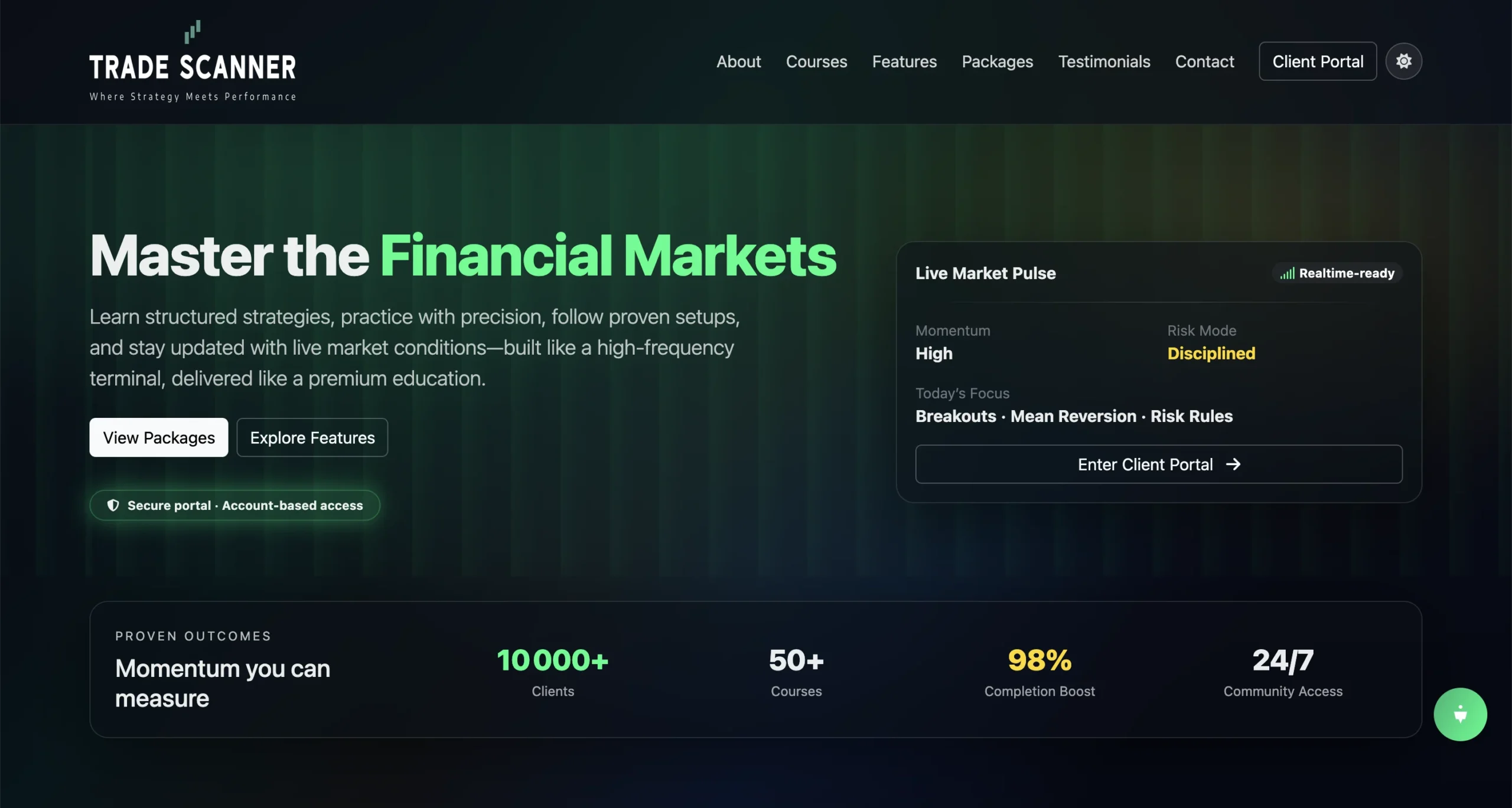 Interface web de Trade Scanner avec titre et statistiques de performance.
