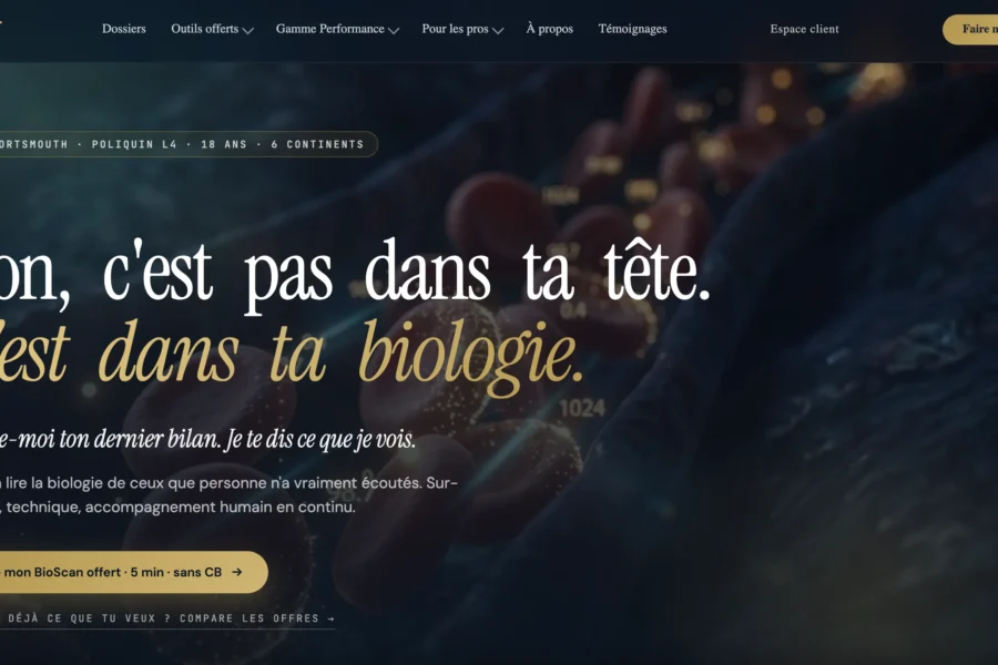 Capture d'écran d'un site web affirmant que la réussite vient de la biologie et non du mental, pour le programme Trading Profit.
