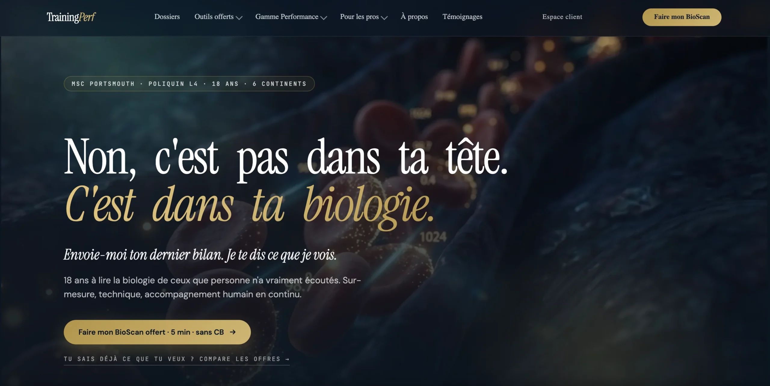 Capture d'écran d'un site web affirmant que la réussite vient de la biologie et non du mental, pour le programme Trading Profit.