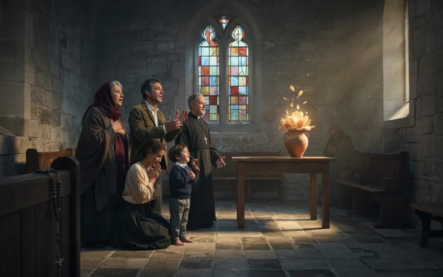 Un groupe familial se recueille dans une église sombruée, éclairé par la lumière d'une rosace et d'un vase incandescent sur une table.