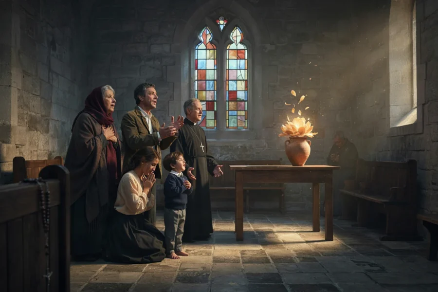 Un groupe familial se recueille dans une église sombruée, éclairé par la lumière d'une rosace et d'un vase incandescent sur une table.
