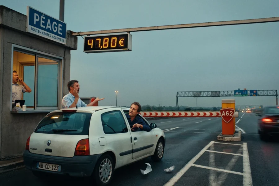 Une Renault blanche arrêtée à un péage avec un panneau affichant le prix et la signalisation de l'autoroute.