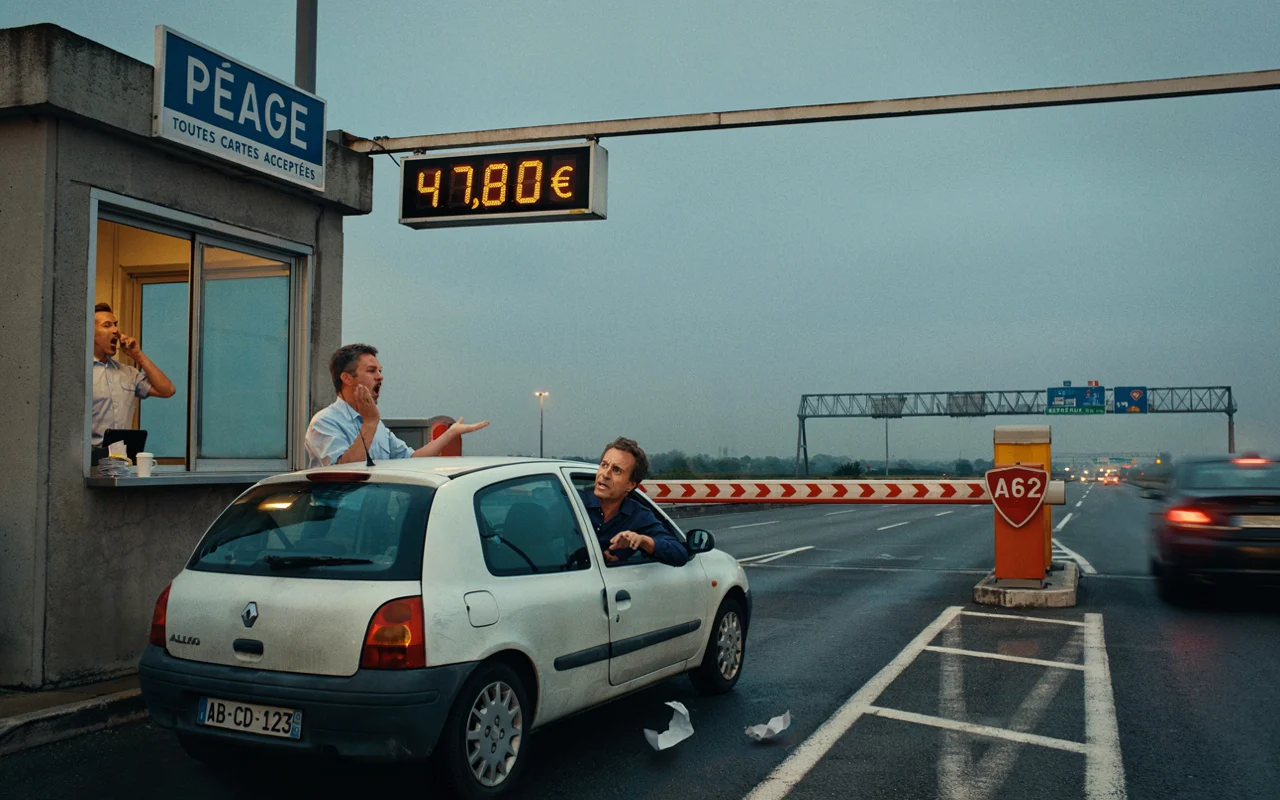Une Renault blanche arrêtée à un péage avec un panneau affichant le prix et la signalisation de l'autoroute.
