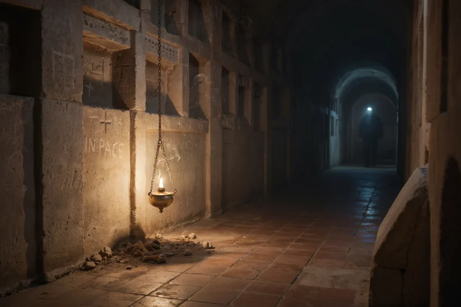 Image montrant un couloir ancien et dallé ressemblant à une crypte, éclairé par une lampe suspendue.